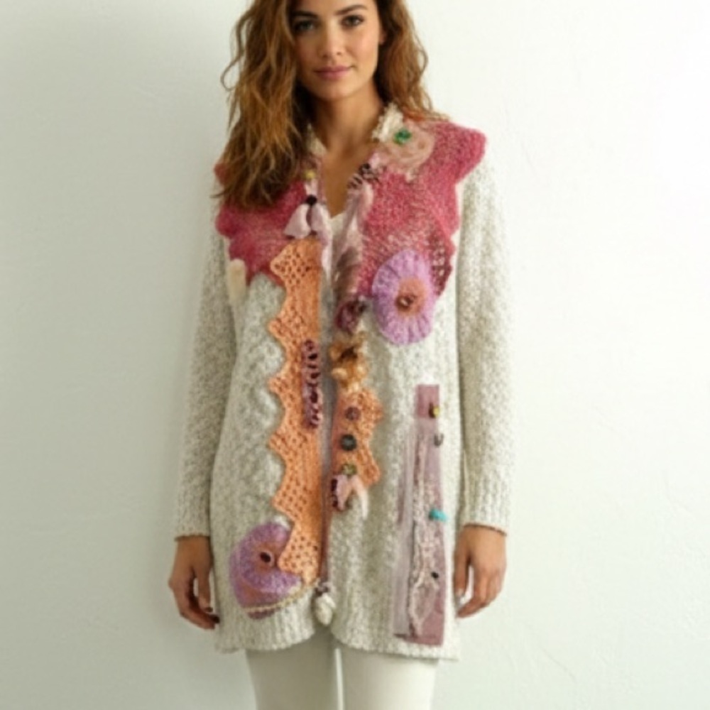 Upcycled Beige Embellished Cardigan Sweater Large